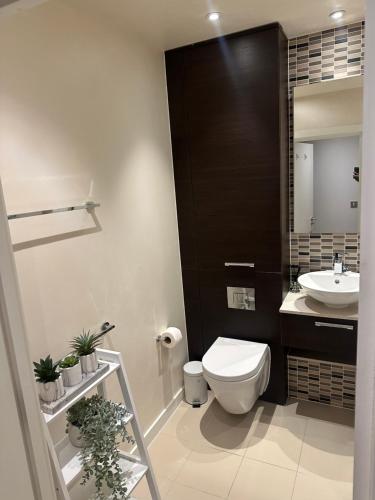 a bathroom with a toilet and a sink at Tweed luxe in London