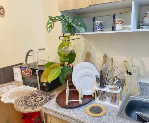 a kitchen counter with a plant on top of it at Cabin in Urban - Urban Deca Homes - Manila in Manila