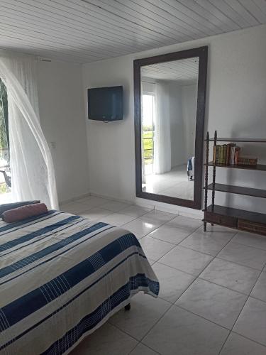 ein Schlafzimmer mit einem Bett und einem großen Spiegel in der Unterkunft Pousada rio acarai in São Francisco do Sul