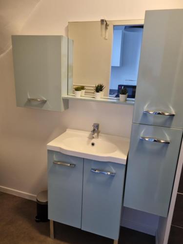 een witte badkamer met een wastafel en een spiegel bij La Fourmi in Soissons