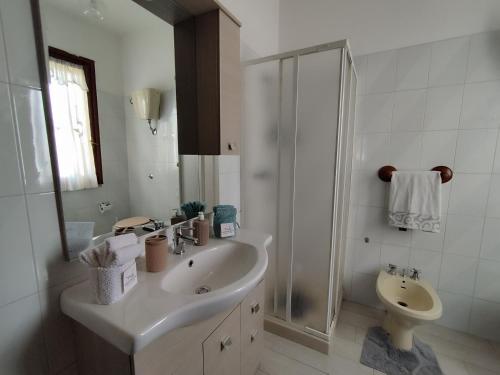 a bathroom with a sink and a shower and a toilet at Areamare in Sorso