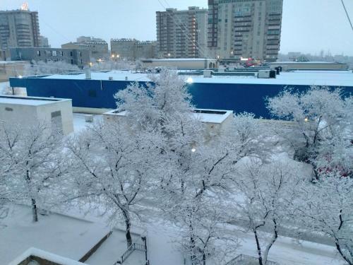 a city with snow covered trees and buildings at Seaside apartment in Aktau