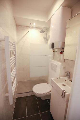 une petite salle de bain avec toilettes et lavabo dans l'établissement Studio Saint Ferreol hyper centre 3-1, à Marseille