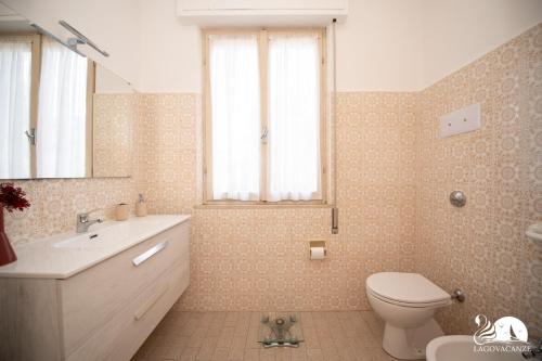 uma casa de banho com um WC, um lavatório e um espelho. em Villa Torchio em Manerba del Garda