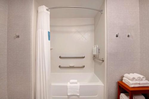 a bathroom with a shower and a white tub at Hampton Inn Anderson/Alliance Business Park in Anderson