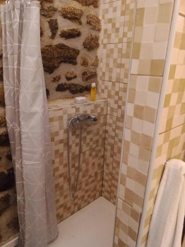 a shower in a bathroom with a stone wall at Cottage Aldeia Da Serra - historic areas of Portugal in Celorico da Beira