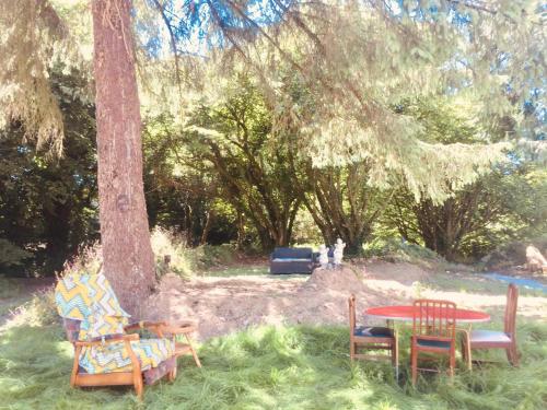 a table and chairs in the grass under a tree at Manoir Le Rest in Lanrivain