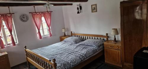 a bedroom with a bed and two windows at Holiday home Hižica v plavem trnacu in Gornja Stubica