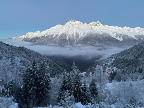 a mountain covered in snow with trees and clouds at Apartment l’Alpette Oz en Oisans in Oz