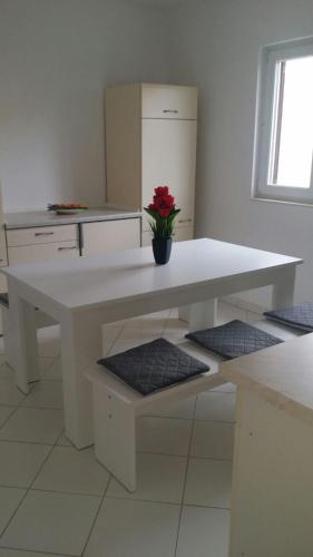 una cocina con una mesa blanca con un jarrón con una flor roja en Antunes Apartment en Jarebinjak
