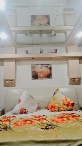 a bed in a room with paintings on the ceiling at Pensiunea King in Timişoara