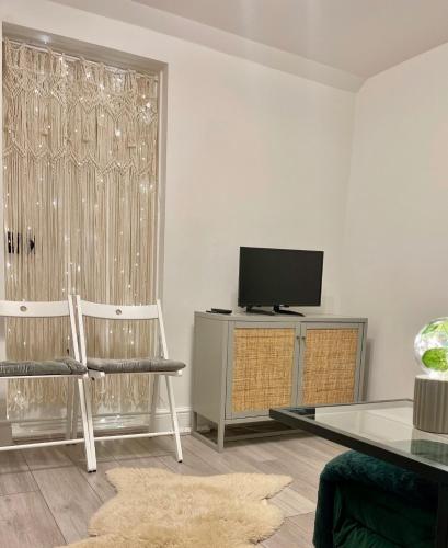 a living room with a chair and a television at Zen Garden Hideaway. Close to Harry Potter&trains. in Watford