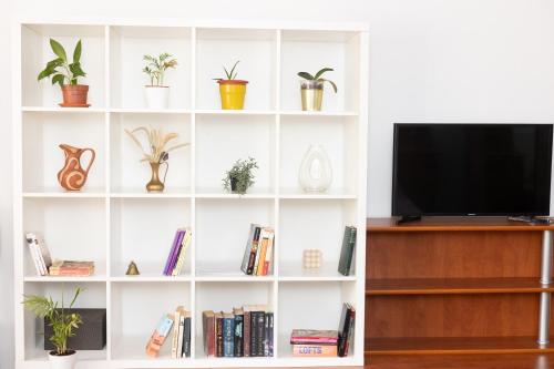 a white book shelf with plants and a tv at Shared Retro Vintage Luxury Apartment in Bucharest