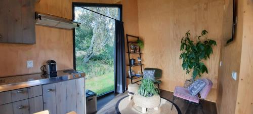 eine Küche mit einem großen Fenster in einem Haus in der Unterkunft Tiny house De Ljip in Westergeest