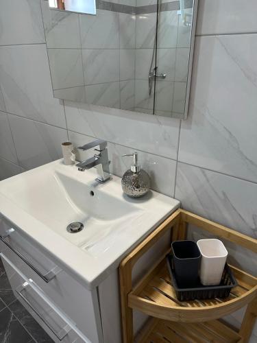 a bathroom with a sink and a mirror at Villa Manuela in Kras