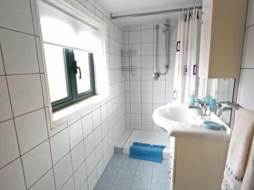 y baño blanco con lavabo y ducha. en Apartment in Gallinaro with stunning views, en Gallinaro