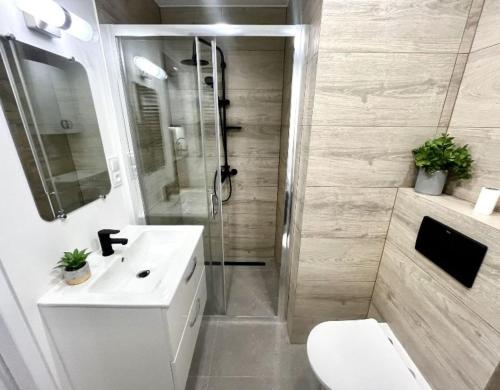 a bathroom with a shower and a toilet and a sink at Apartament Julia 1-4 os parter Centrum in Kielce