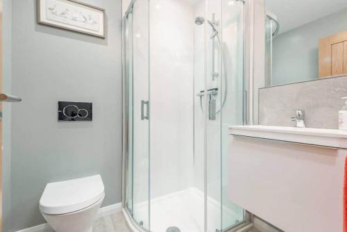a bathroom with a toilet and a glass shower at Argyle Rigg - No 16C in St. Andrews