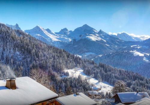 a view of a snowy mountain with snow covered mountains at Chalet Chamallow - Les Congères in Manigod