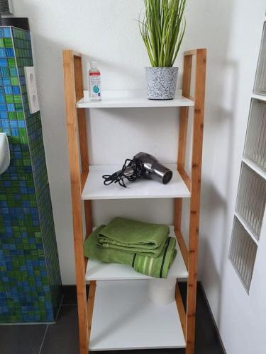 a shelf in a bathroom with a green towel at Fuchsbau Haasow in Haasow