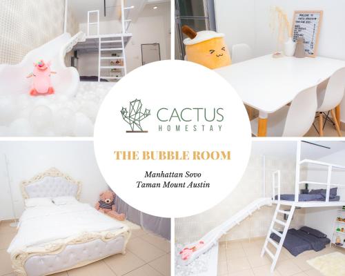 a collage of photos of a childs room with a cactus housekeeper at Mount Austin Manhanttan Sovo by Cactus Homestay in Johor Bahru