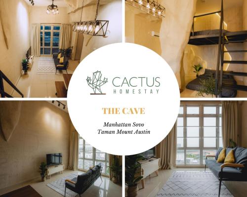 a collage of photos of a living room with the title cactus housekeeping at Mount Austin Manhanttan Sovo by Cactus Homestay in Johor Bahru