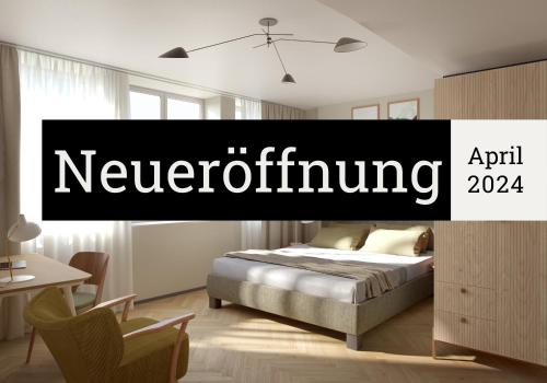 a bedroom with a bed and a sign that reads neverending at Hood House Kassel - volldigitales Serviced Apartment in Kassel