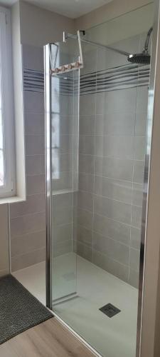 une douche avec une porte vitrée dans une salle de bain dans l'établissement Les résidences de la capitainerie, au Tréport