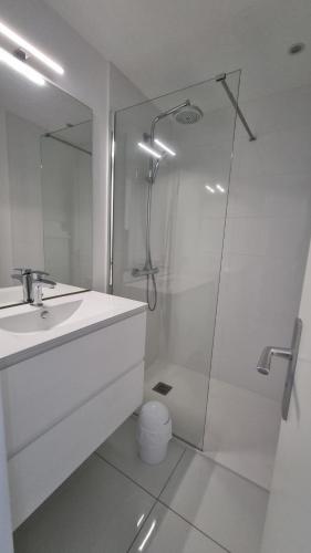 une salle de bain blanche avec une douche et un lavabo dans l'établissement Appartement calme avec vue sur les bateaux, au Cap d'Agde
