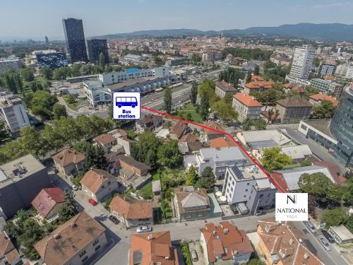 an aerial view of a city with a map of a street at The Hotel National in Zagreb
