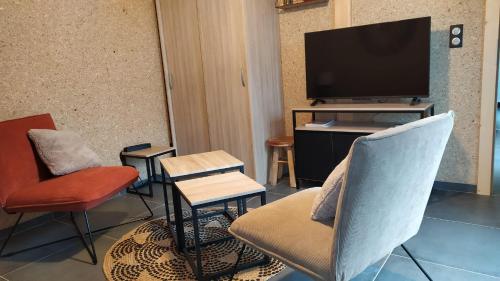 a living room with chairs and a flat screen tv at Gîte Le Charme d'Argent in Charmois-devant-Bruyères