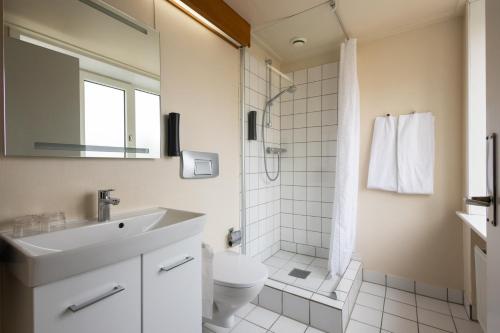 a bathroom with a sink and a toilet and a shower at Milling Hotel Gestus in Aalborg