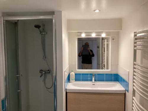 een persoon die een foto neemt van een badkamerspiegel bij Chambres en maison in Fontenay-sous-Bois
