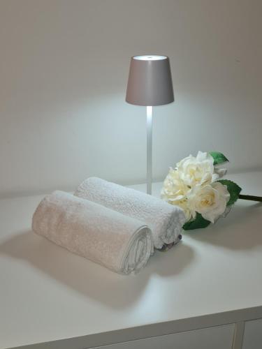 un rollo de papel higiénico y flores sobre una mesa en Elegante appartamento con vista a Cavallino Venezia en Cavallino-Treporti
