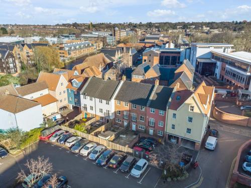 an aerial view of a city with buildings at Seven Space Central Town House with Parking in Norwich