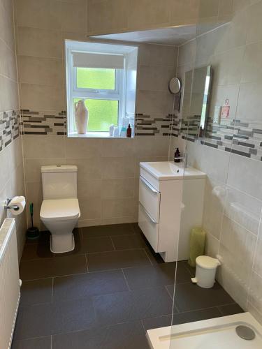 a bathroom with a toilet and a sink and a window at The Claymore Guest House in Pitlochry