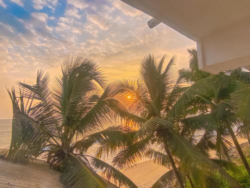 two palm trees on the beach at sunset at Indika Beach Villa in Galle