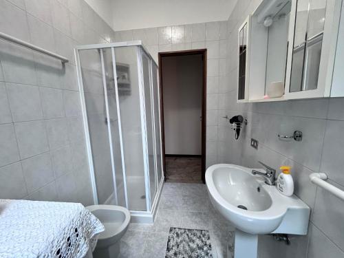 uma casa de banho com um chuveiro, um lavatório e um WC. em Casa Piemont em Casale Monferrato