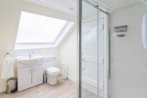 uma casa de banho com um WC, um lavatório e uma clarabóia em Glen Cottage em Cray