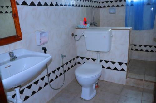 a bathroom with a white toilet and a sink at KANAMAI PRIME VILLAS in Mombasa
