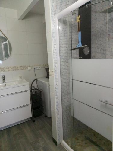 a bathroom with a shower and a sink and a toilet at karine in Boucau
