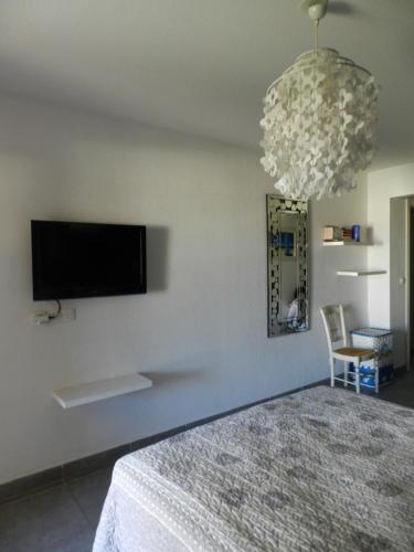 une chambre avec un lit et une télévision sur un mur dans l'établissement Appartement à 5mn à pied des plages, à LʼÎle-Rousse