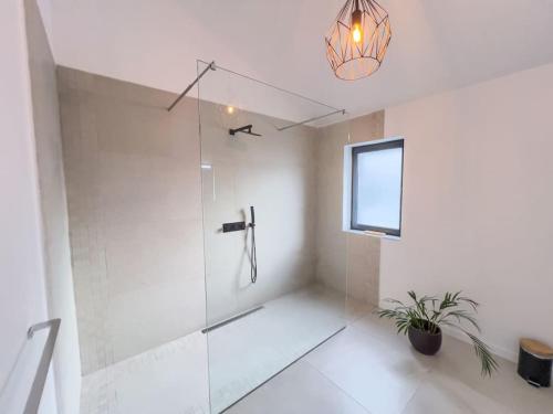 ein Badezimmer mit Dusche und Topfpflanze in der Unterkunft Blue Horizon Luxury Villa in Senhora do Rosário