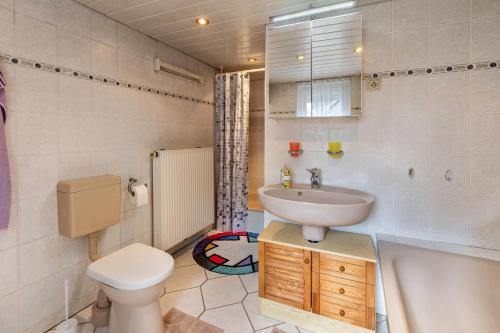 a bathroom with a sink and a toilet and a tub at Ferienwohnung im Harz in Harzgerode
