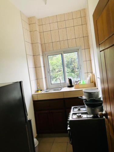 małą kuchnię z kuchenką i oknem w obiekcie GMJ Résidence w mieście Duala
