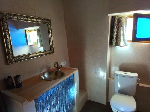 a bathroom with a sink and a toilet and a mirror at Riad Bouganville Bleu in Marrakesh