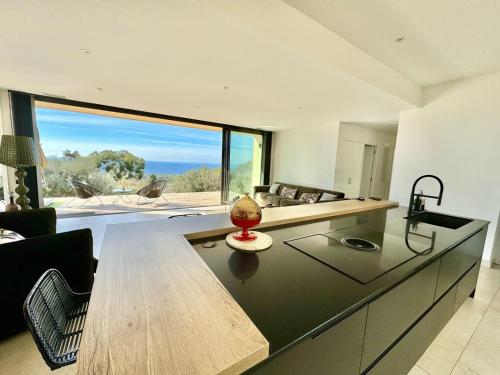 Il comprend une cuisine et un salon offrant une vue sur l'océan. dans l'établissement Super villa moderne corbara vue mer, à Corbara