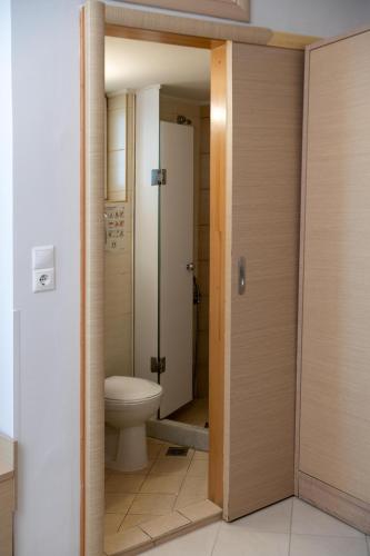 a bathroom with a toilet and a shower at Kronos Hotel in Heraklio Town