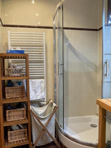 een badkamer met een douche en een bad bij One-Bedroom Apartment by the Eiffel Tower: your home in the heart of Paris in Parijs