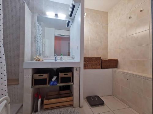 une salle de bain avec un lavabo et un miroir dans l'établissement Abeilles maison climatisée 3 chambres piscine garage, à Avignon